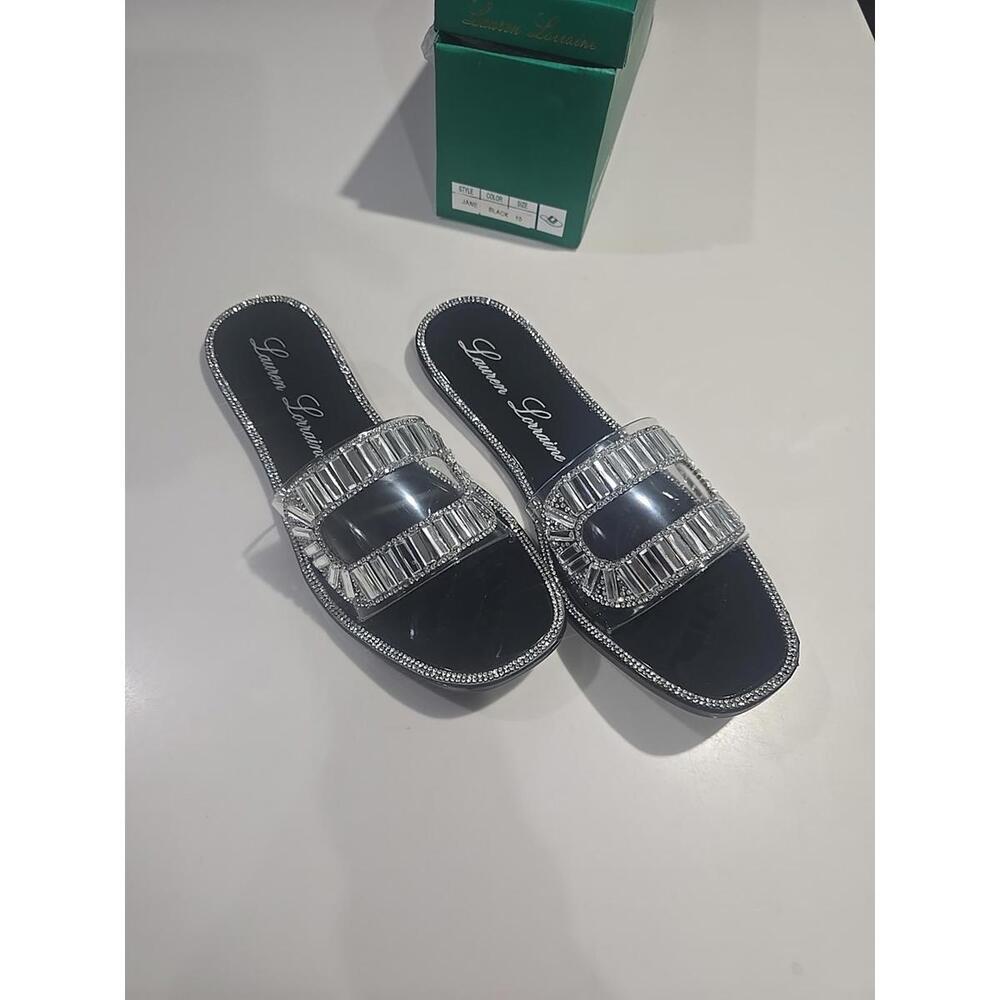 Lauren Lorraine Jane Black Crystal Embellished Flat Jelly Slide Sandal Sz 10 NIB